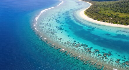 Obraz premium Aerial view of pristine tropical island coastline with white sand beach, vibrant turquoise lagoon water, and expansive barrier coral reef system