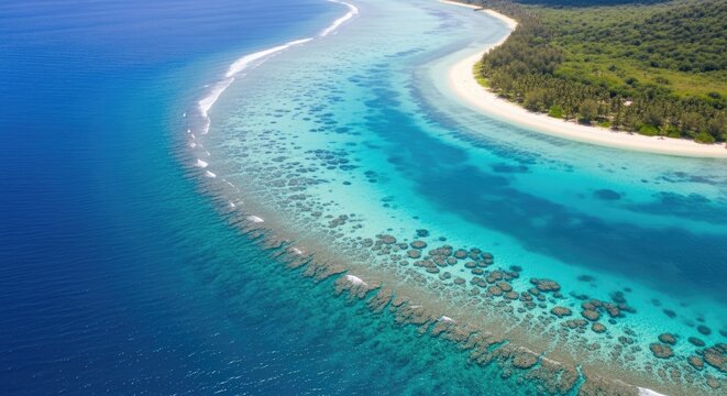 Aerial view of pristine tropical island coastline with white sand beach, vibrant turquoise lagoon water, and expansive barrier coral reef system