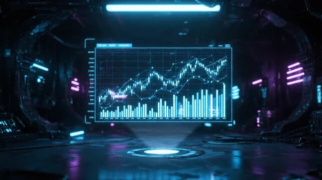 Cinematic video of financial chart analysis on screen in dark futuristic setting