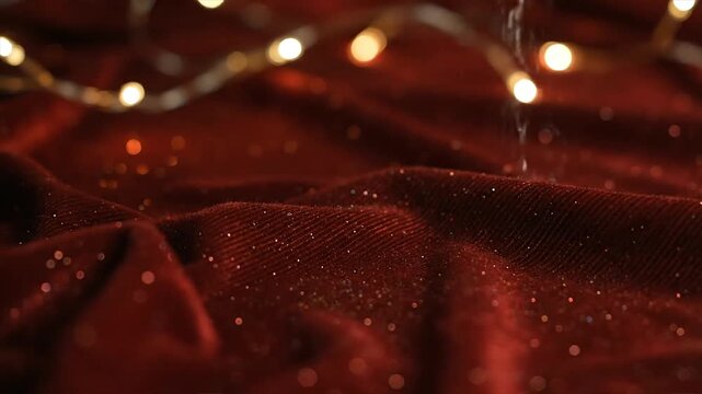 Water droplets falling on red velvet fabric with string lights