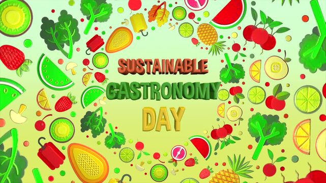Sustainable gastronomy day celebration with colorful fruits and vegetables background.
