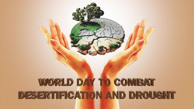 World day to combat desertification and drought background with hands holding cracked earth and tree
