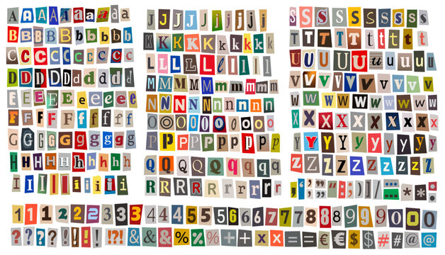 Collage of cut-out letters, numbers, and symbols on white.