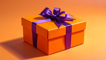 Obraz premium “Orange gift box with shiny purple ribbon bow on orange background”