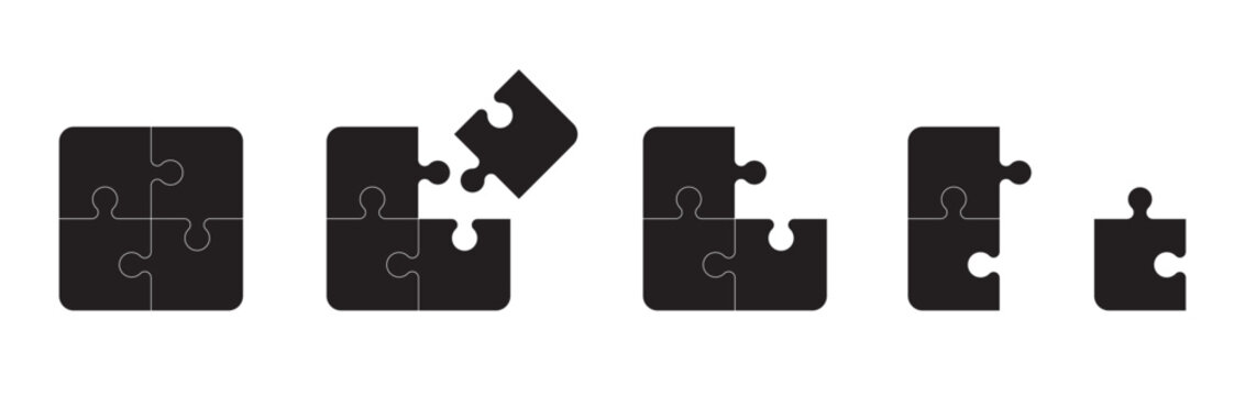 Black puzzle icons showing solving process and completion concept isolated on white background