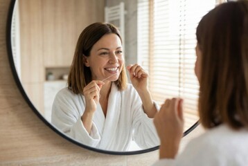 Obraz premium Woman in bathrobe flossing teeth in front of mirror, smiling, morning routine
