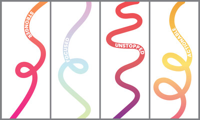 Obraz premium Dynamic abstract graphic design featuring four vibrant gradient ribbons symbolizing continuous flow and motivational concepts like Stronger and Focused.
