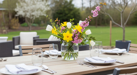 Fototapeta premium Spring Centerpiece with Fresh Flowers on Outdoor Dining Table for Elegant Gatherings, Seasonal Decor, Home Improvement Blogs, and Spring Event Planning