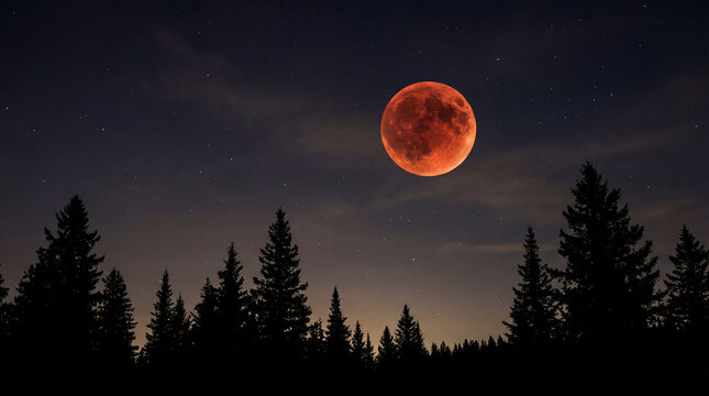 Large, glowing red blood moon during a total lunar eclipse in a dark starry night sky. Silhouette of a coniferous pine forest in the foreground creates a dramatic and celestial atmosphere.