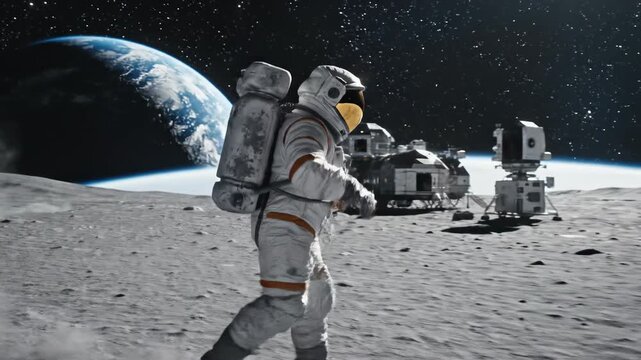 Astronaut exploring moon surface with spaceship and Earth in background.