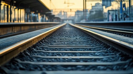 Fototapeta premium View along railway tracks leading to a modern train station at sunset
