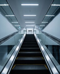 Fototapeta premium Modern escalator moving upwards in a clean, contemporary building with bright overhead lighting