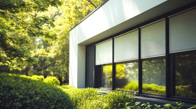 External roller blinds on windows of a modern house with green garden views