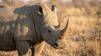 Fototapeta premium Close-up portrait of a majestic white rhinoceros in its natural savanna habitat