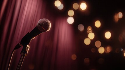 Obraz premium Stage microphone awaits performer under dramatic red curtain and warm bokeh lighting