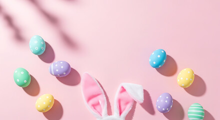 A festive Easter scene with colorful eggs and bunny ears on pink background