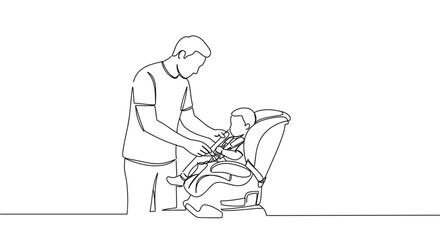 Line drawing of a father securing a child in a car seat on a transparent background