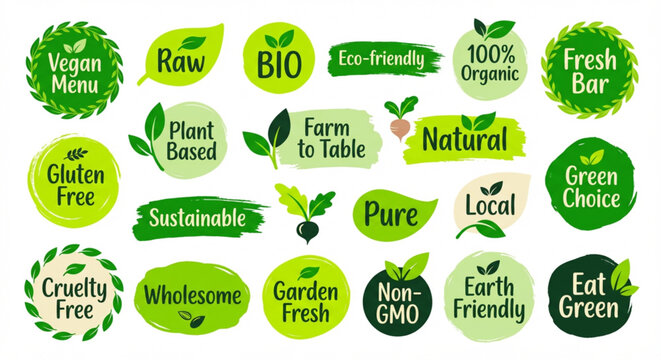 Diverse collection of green badges and labels emphasizing organic, natural, sustainable, and plant-based food and eco-friendly product attributes