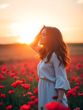 Woman Rebuilding Life After Divorce in Sunrise Field of Red Flowers, Embracing New Beginnings, Overcoming Heartbreak, Finding Inner Strength, Empowerment and Renewal Themes