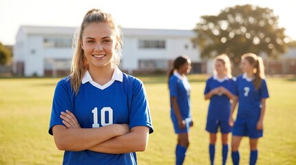 Fototapeta premium Smiling young female soccer player with arms crossed in a blue uniform on a sunny day with teammates in the background