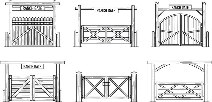Ranch gate collection, wooden farm entrance set, rustic fence doors, western barn illustration, countryside barrier designs, isolated vector pack