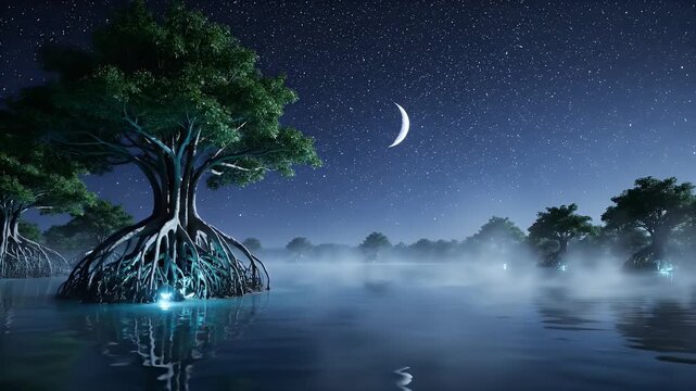 Mystical Night Landscape with Trees and Moon.