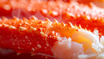 Steaming crab leg meat with fibers pulling apart, macro close up