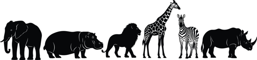 Black silhouette vector icon set featuring African safari animals including elephant, hippopotamus, lion, giraffe, zebra, and rhinoceros for nature and wildlife. © Utpal