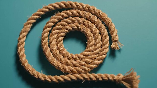 Close-up of a coiled rope on a blue background, showcasing its texture and strength.