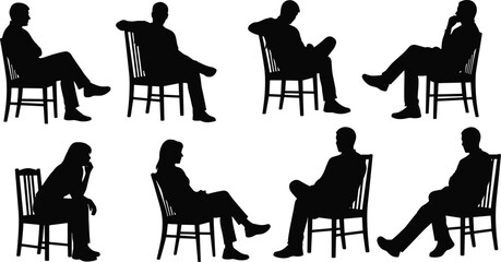 Seated people silhouette set, chair sitting poses collection, human posture profile illustration, casual conversation body language design elements © Amit World
