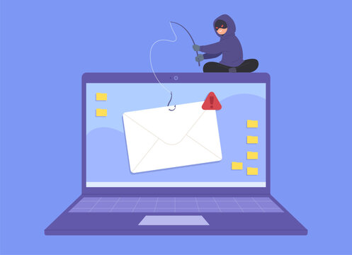 Scammer sending phishing email to steal personal information or scam money. Fraud scam E-mail send fake link to get or attack personal data in laptop. Flat design vector illustration