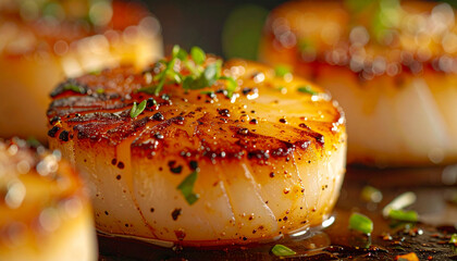 Seared scallop with golden caramelized edge, extreme close up macro