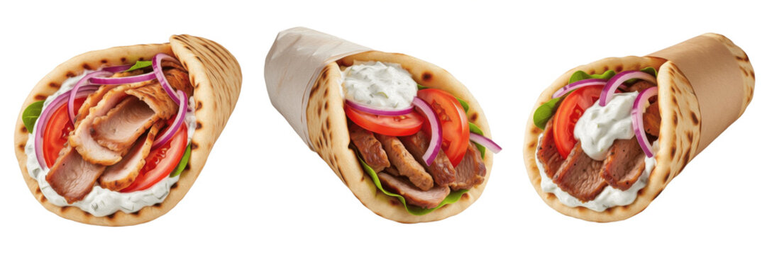 Set and collection of authentic Greek gyros wrapped in pita bread with grilled meat, tomatoes, red onions, and tzatziki sauce isolated on white transparent PNG background.