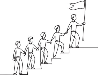 Minimal Single Line Art of Team Climbing Stairs to Success. Leadership and Growth Illustration