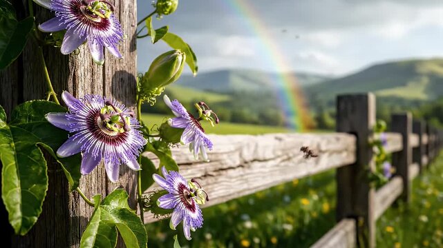 Purple Passionflower on Wooden Fence with Rainbow.