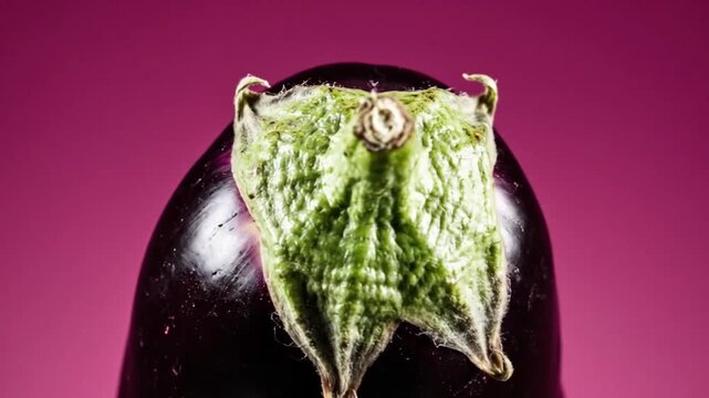 Close-up of a Fresh Eggplant with Green Stem on a Vibrant Purple Background.