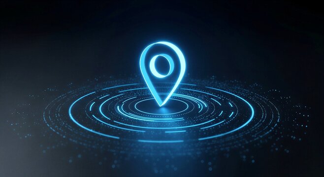 Glowing blue location pin icon surrounded by concentric circles on dark background for navigation and mapping applications