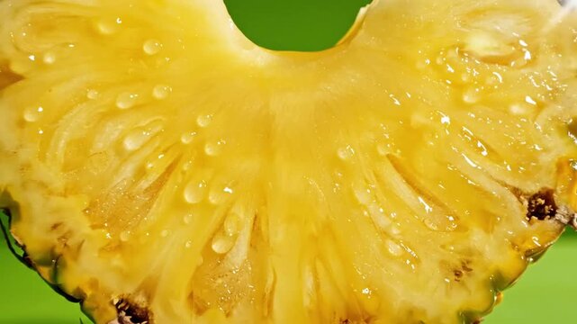 Close-up of a fresh pineapple slice with water droplets, vibrant green background.