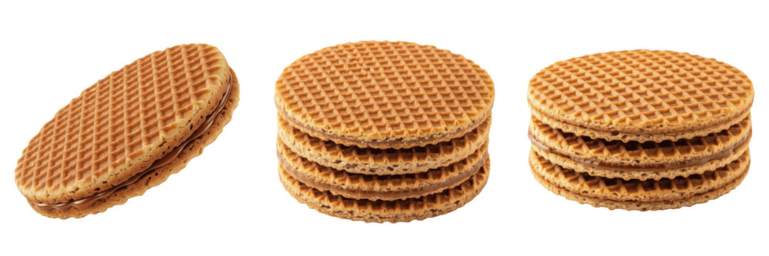 Set and collection of traditional Dutch stroopwafels with caramel syrup filling in stacks and single pieces isolated on white transparent PNG background.