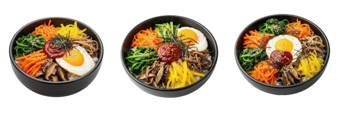 Set and collection of authentic Korean bibimbap with colorful vegetables, fried egg, and spicy gochujang sauce isolated on white transparent PNG background