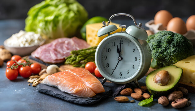 Intermittent fasting diet concept with 8-hour clock timer for eating nutritional or keto low carb, high protien food meal healthy dish and 16-hour skipping meal for weight loss