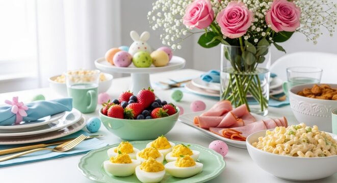 Festive Easter brunch spread with deviled eggs, sliced ham, fresh berries, and pastel eggs. Pink roses in vase and green herbs garnish food. Table set for spring holiday meal celebration with guests.