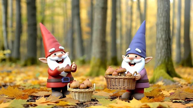A cute cartoon gnome with a basket of mushrooms in the forest, 3D design