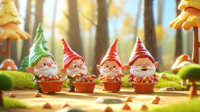 A cute cartoon gnome with a basket of mushrooms in the forest, 3D design