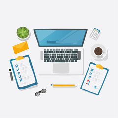 Modern Top Down Business Planning Concept with Laptop and Data Charts