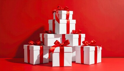 Obraz premium Pyramid-like arrangement of white gift boxes with red ribbons and bows, stacked symmetrically against red background, festive celebratory atmosphere emphasizing gift-giving occasions