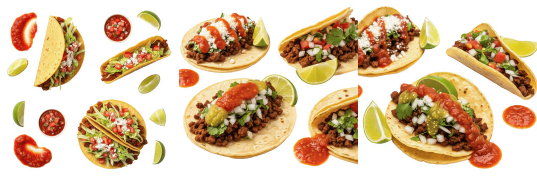 Collection of Tacos, Traditional Mexican Soft Tortillas Filled with Meat, Vegetables, and Fresh Toppings, Vibrant Street Food Favorite isolated on white transparent png background
