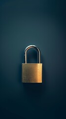 Fototapeta premium Closed Brass Padlock Centered On Dark Blue Background With Copy Space