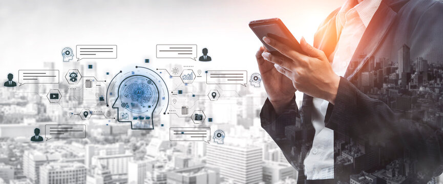 Artificial intelligence AI chat message concept linking users, knowledge base, search and analytics to provide automated NLP data support and informed business decisions, tech model training. Corpus