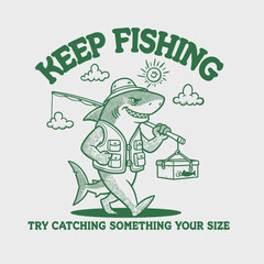 Funny cartoon shark wearing fishing gear and hat holding fishing rod and tackle box.